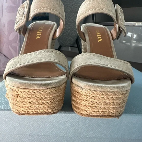 Prada Nude Suede Jute 4 inch Wedge Peep Toe Sandal 35.5 /  5.5 US $850 - Picture 12 of 14